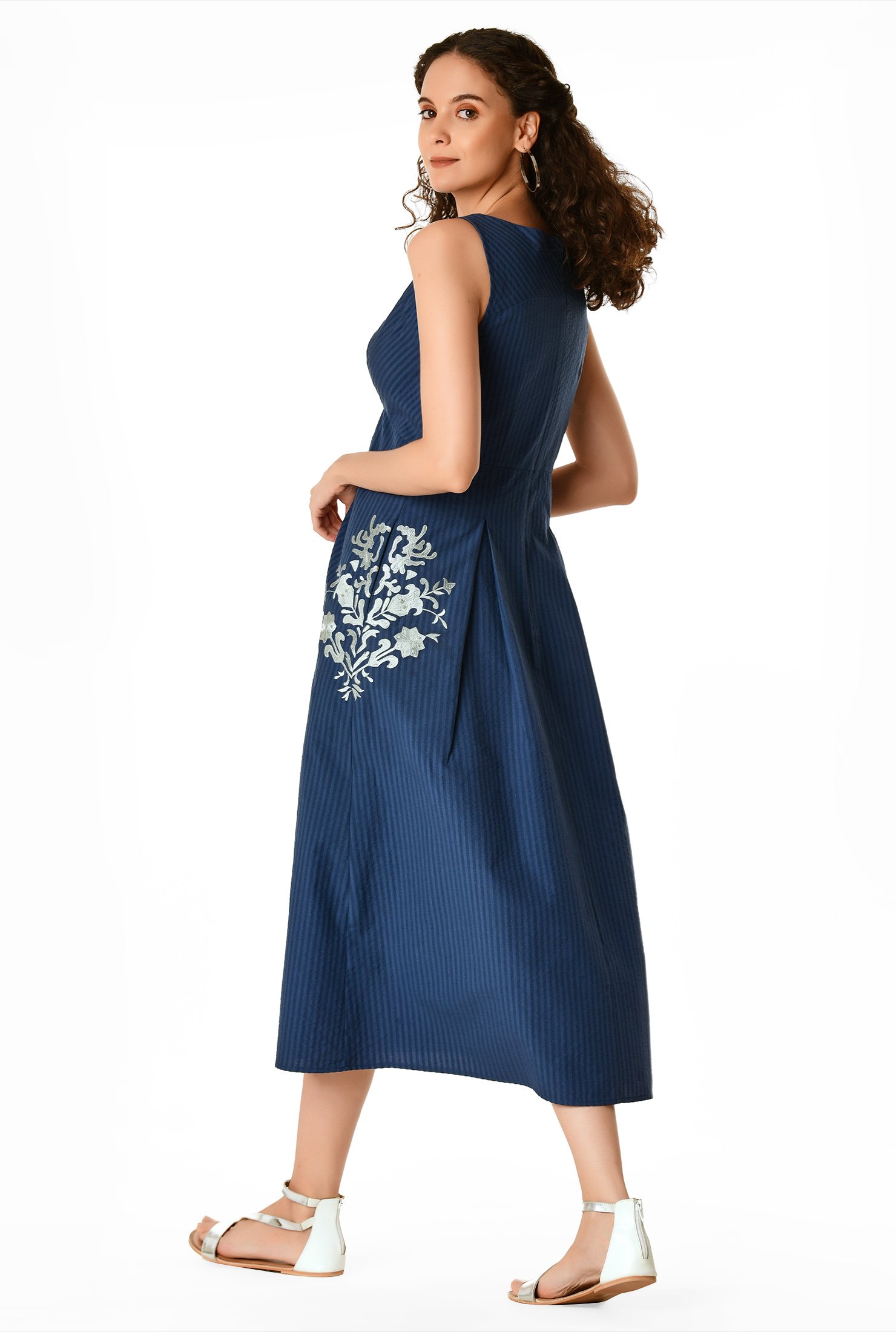Shop Floral Embroidery Seersucker Stripe Cotton Empire Dress Eshakti