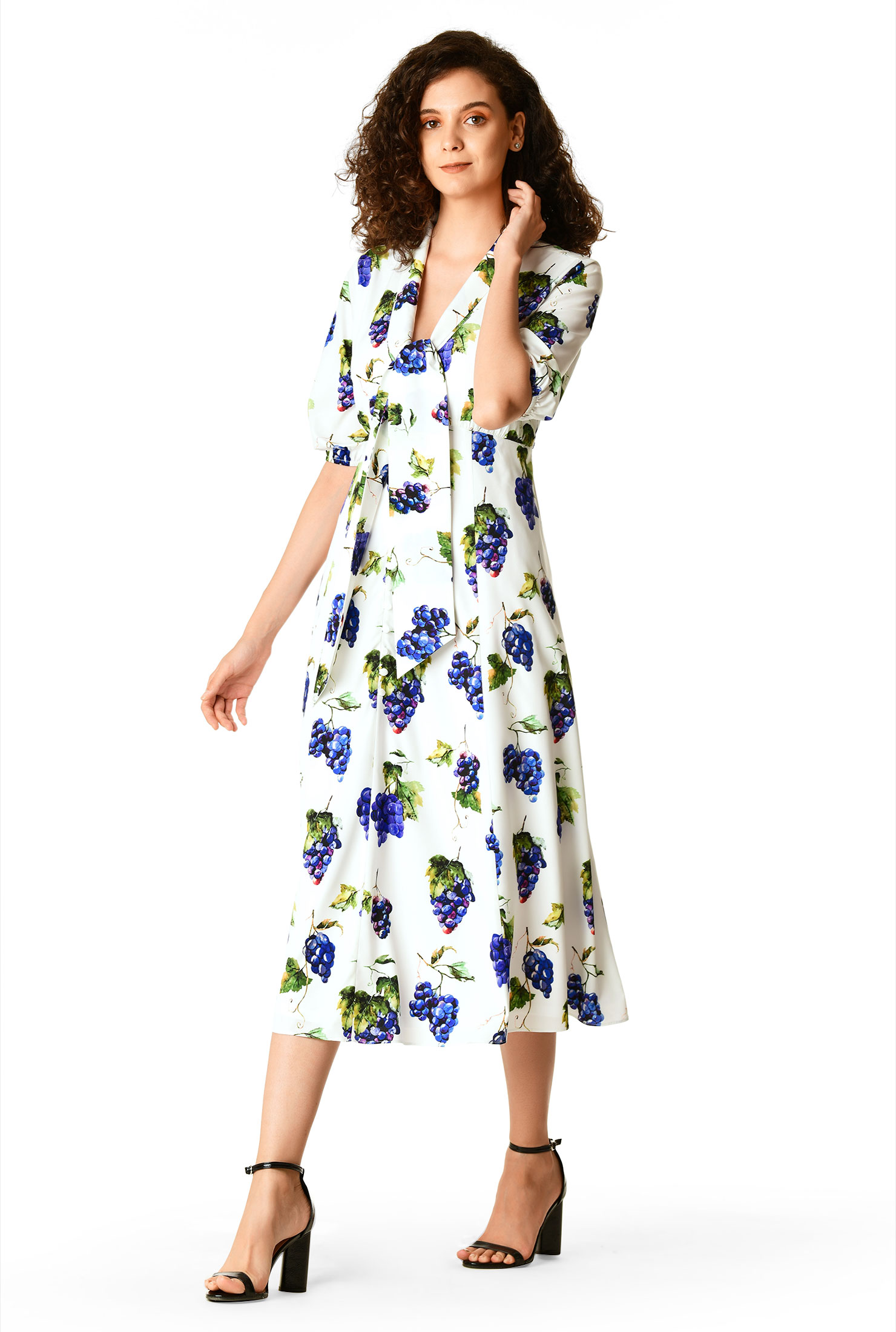 Shop Tie-neck grape print crepe empire dress | eShakti
