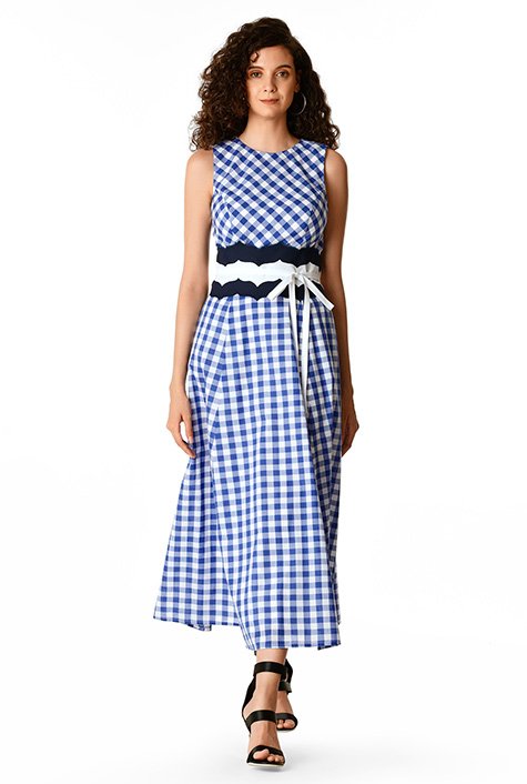 Shop Scallop sash waist cotton gingham check dress | eShakti