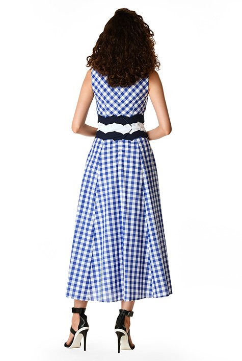 Shop Scallop sash waist cotton gingham check dress | eShakti