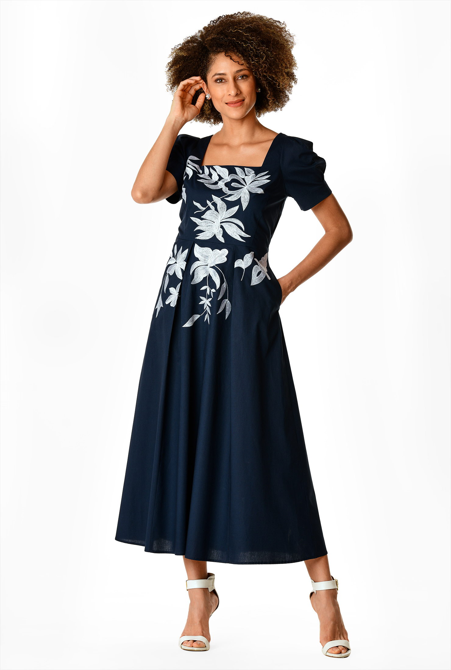 Shop Floral embroidery cotton poplin dress | eShakti