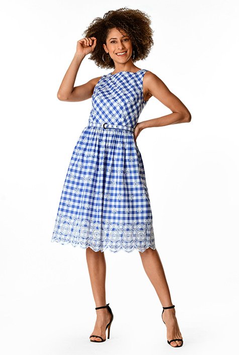 Shop Floral eyelet gingham check cotton belted dress | eShakti