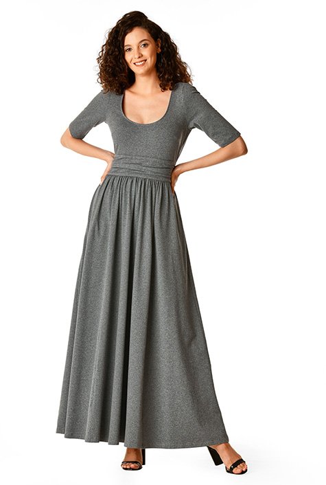 Smocked elastic waist cotton knit maxi dress