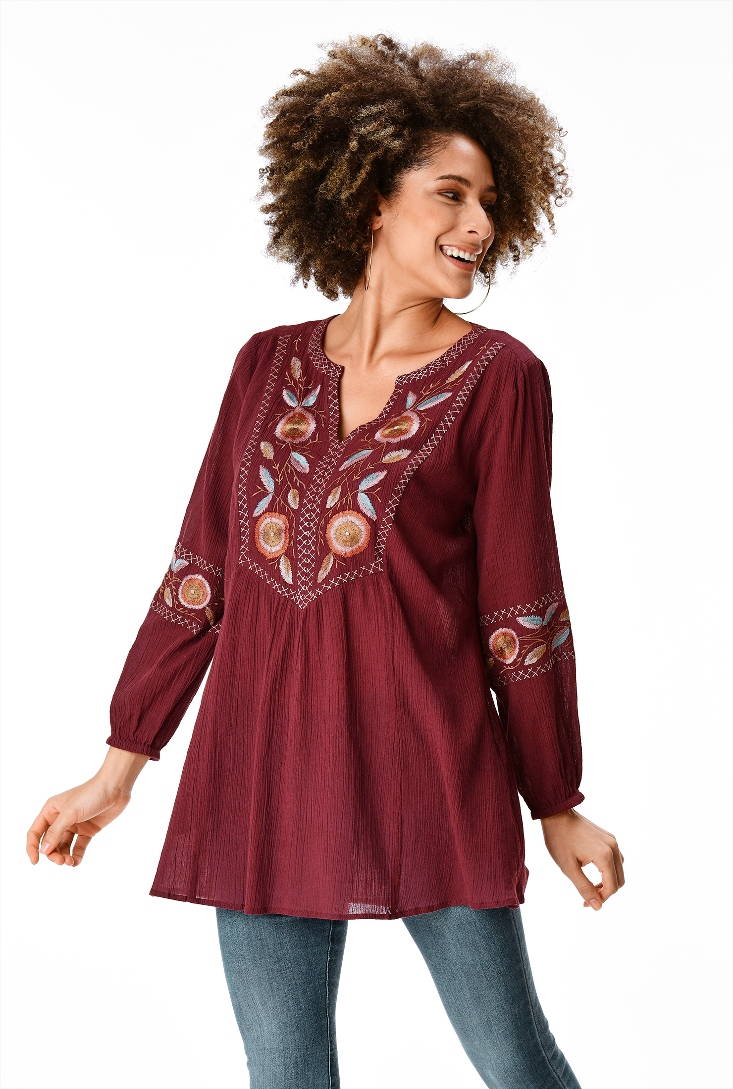 Shop Floral embroidery crinkle cotton gauze tunic eShakti