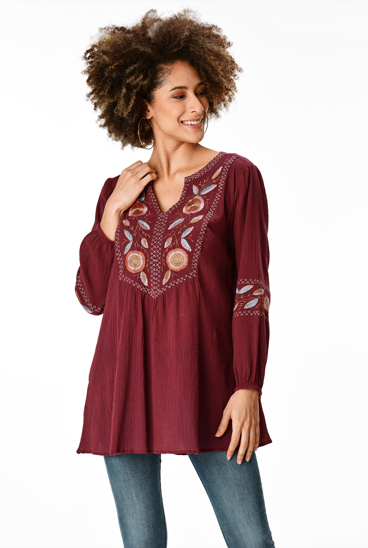 Shop Floral embroidery crinkle cotton gauze tunic eShakti