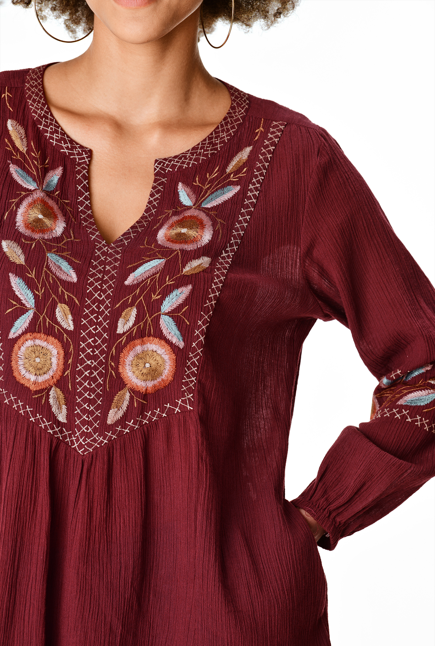 Shop Floral embroidery crinkle cotton gauze tunic eShakti