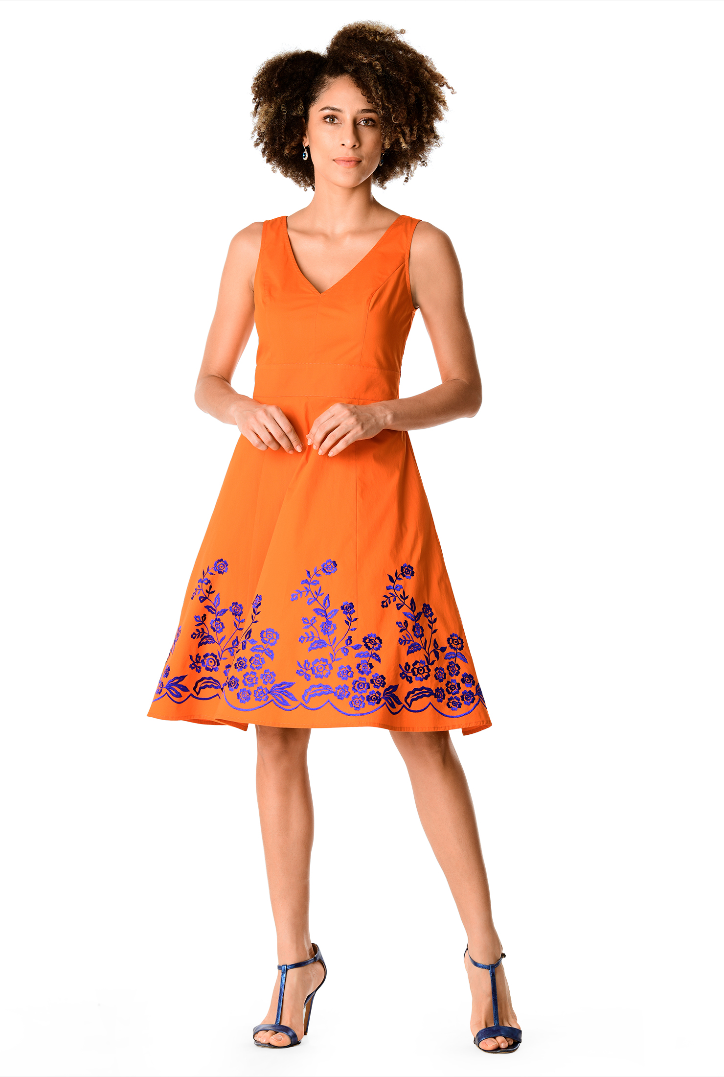 ワンピース Poplin Flower Emb V Neck Dress Women's V-Neck Long Sleeve Pressure Glue Embroidery