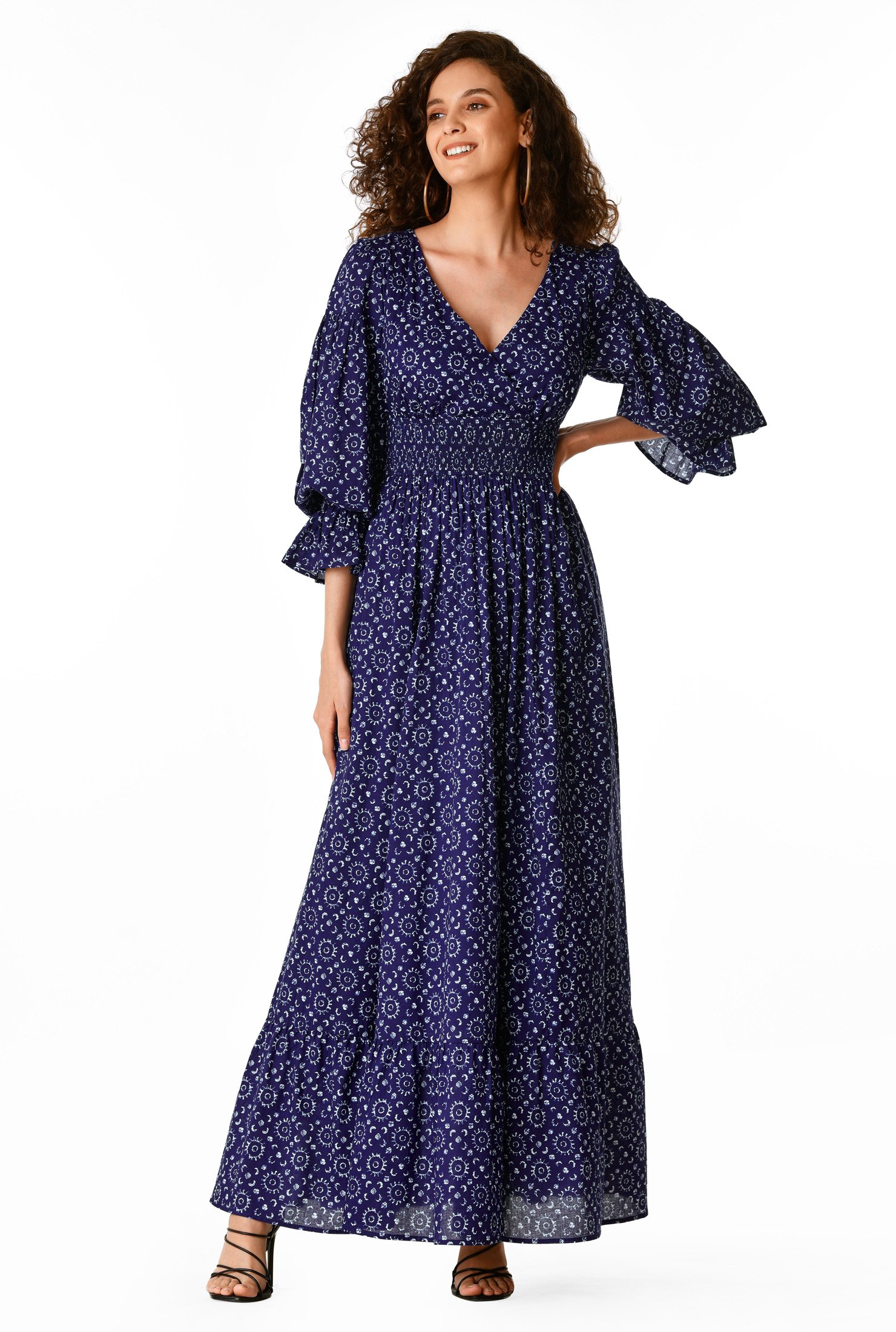 Shop Graphic Print Cotton Smocked Waist Maxi Dress Eshakti 2521