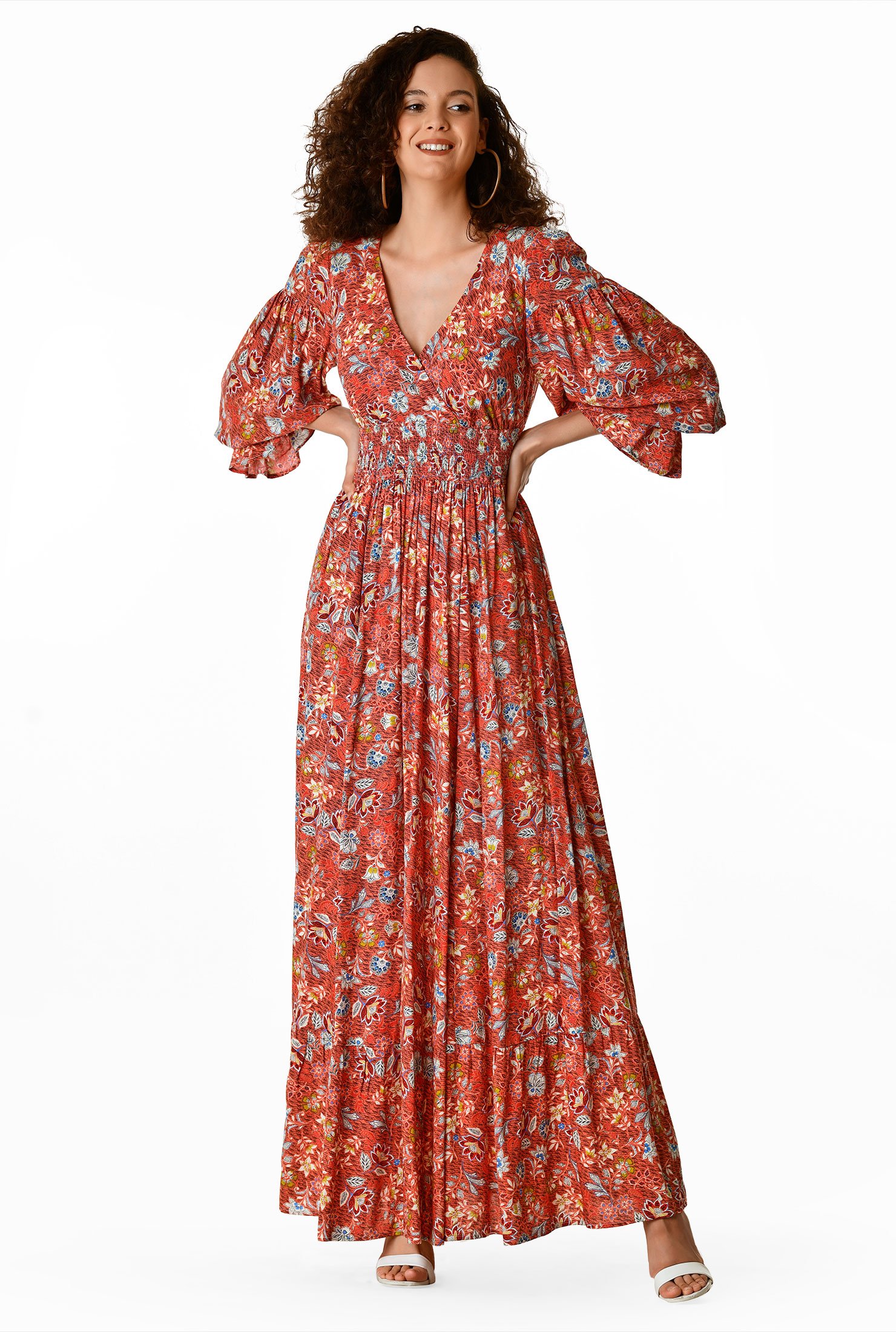 Miamasvin] Floral Print Elastic Waist Dress