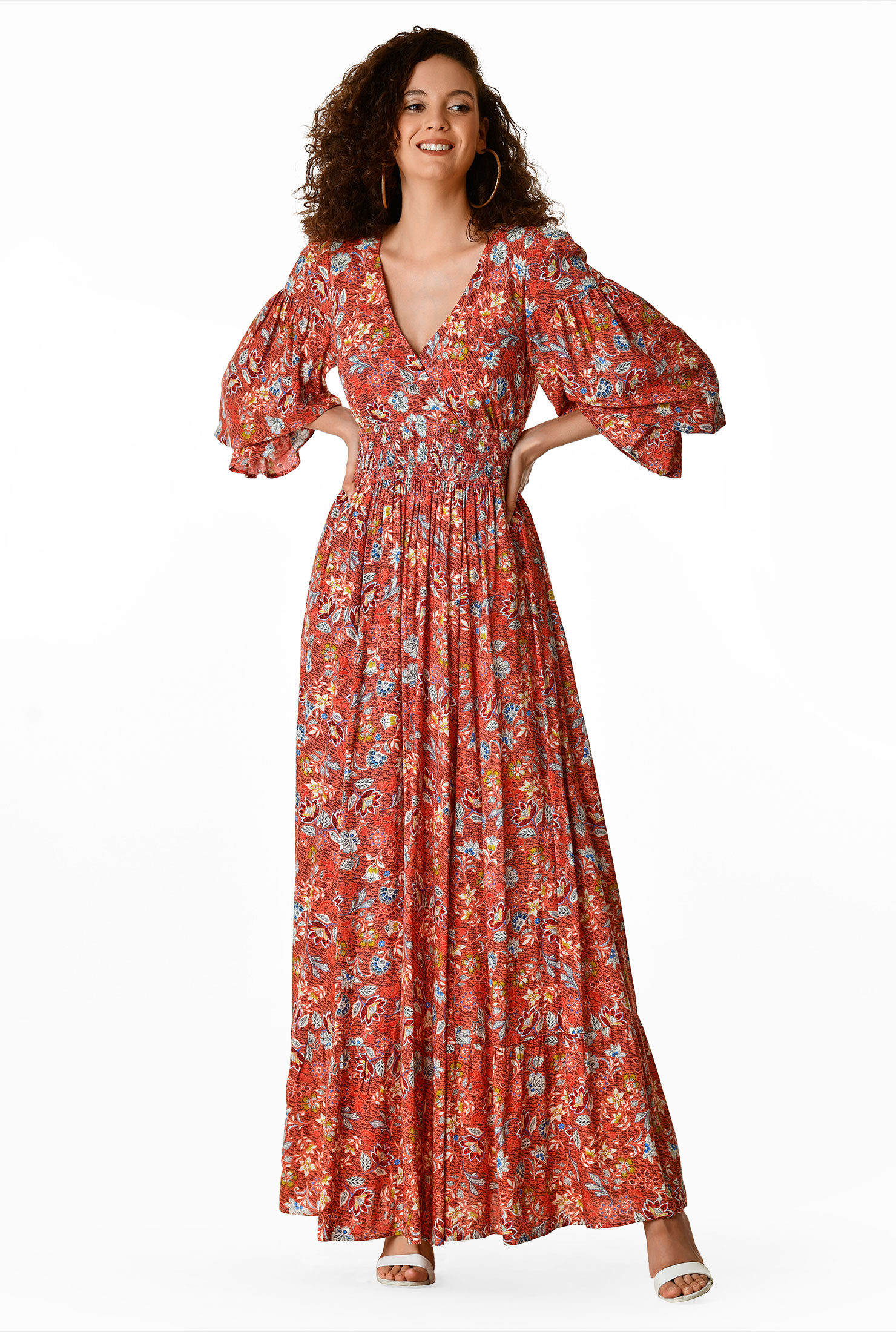 Shop Floral print smocked waist maxi dress eShakti