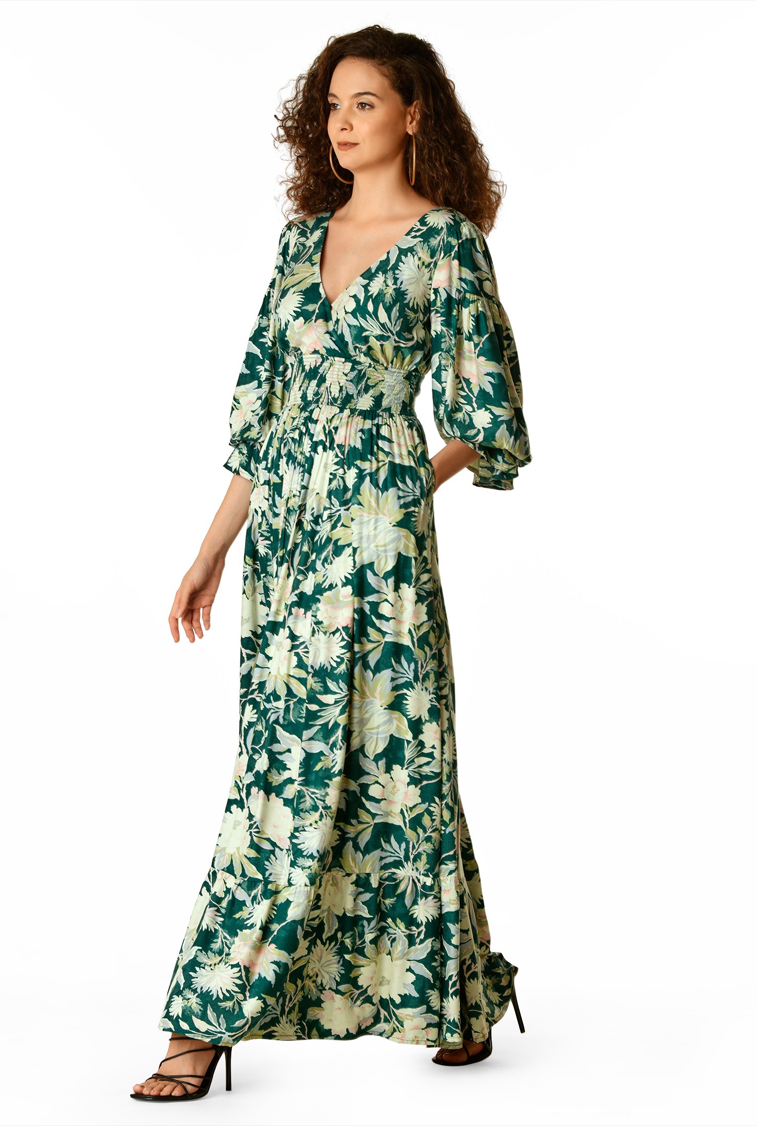 Shop Floral print twill smocked waist maxi dress | eShakti