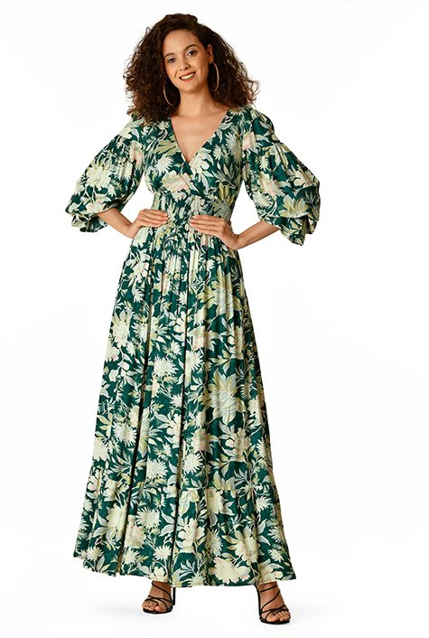 Shop Floral print twill smocked waist maxi dress | eShakti
