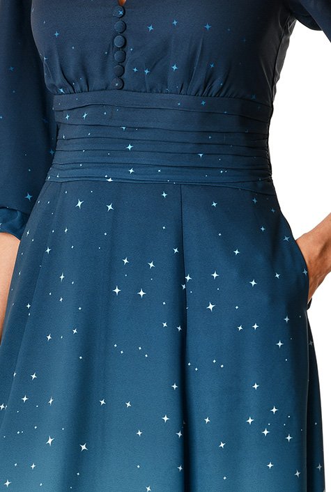 Ombre star print crepe pleated empire dress