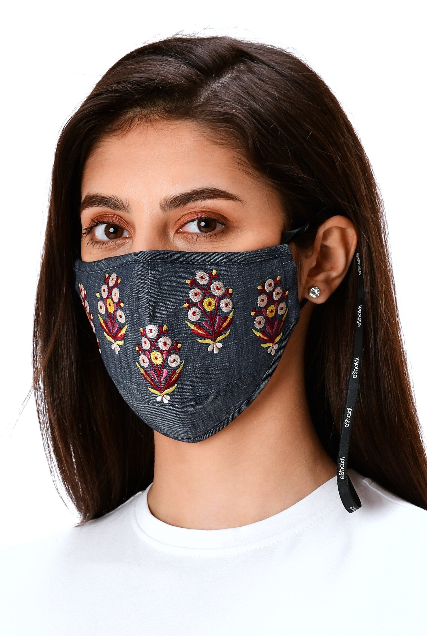 Shop Floral embroidery cotton chambray shaped face mask ...