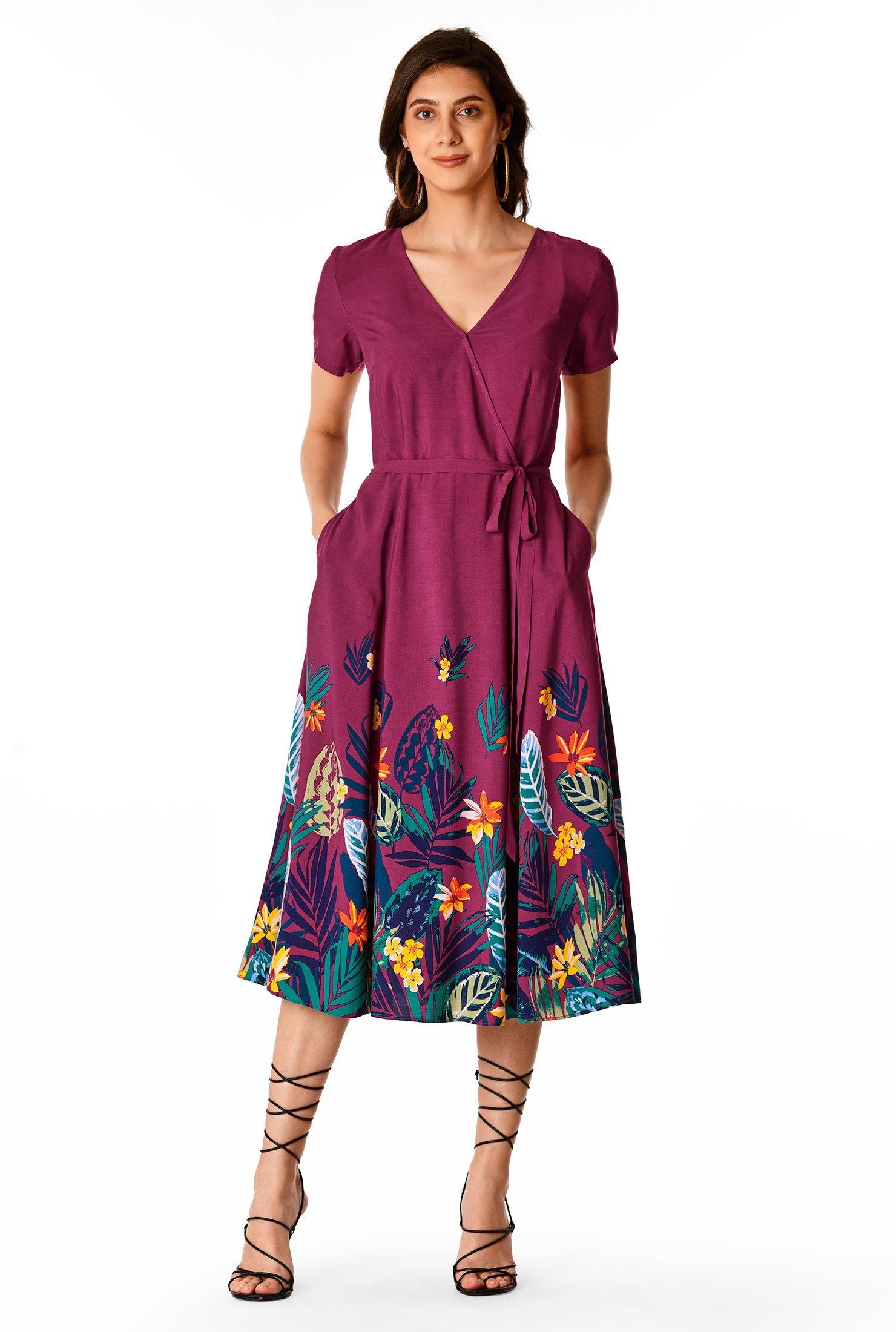 Shop Tropical floral print faux wrap dress | eShakti