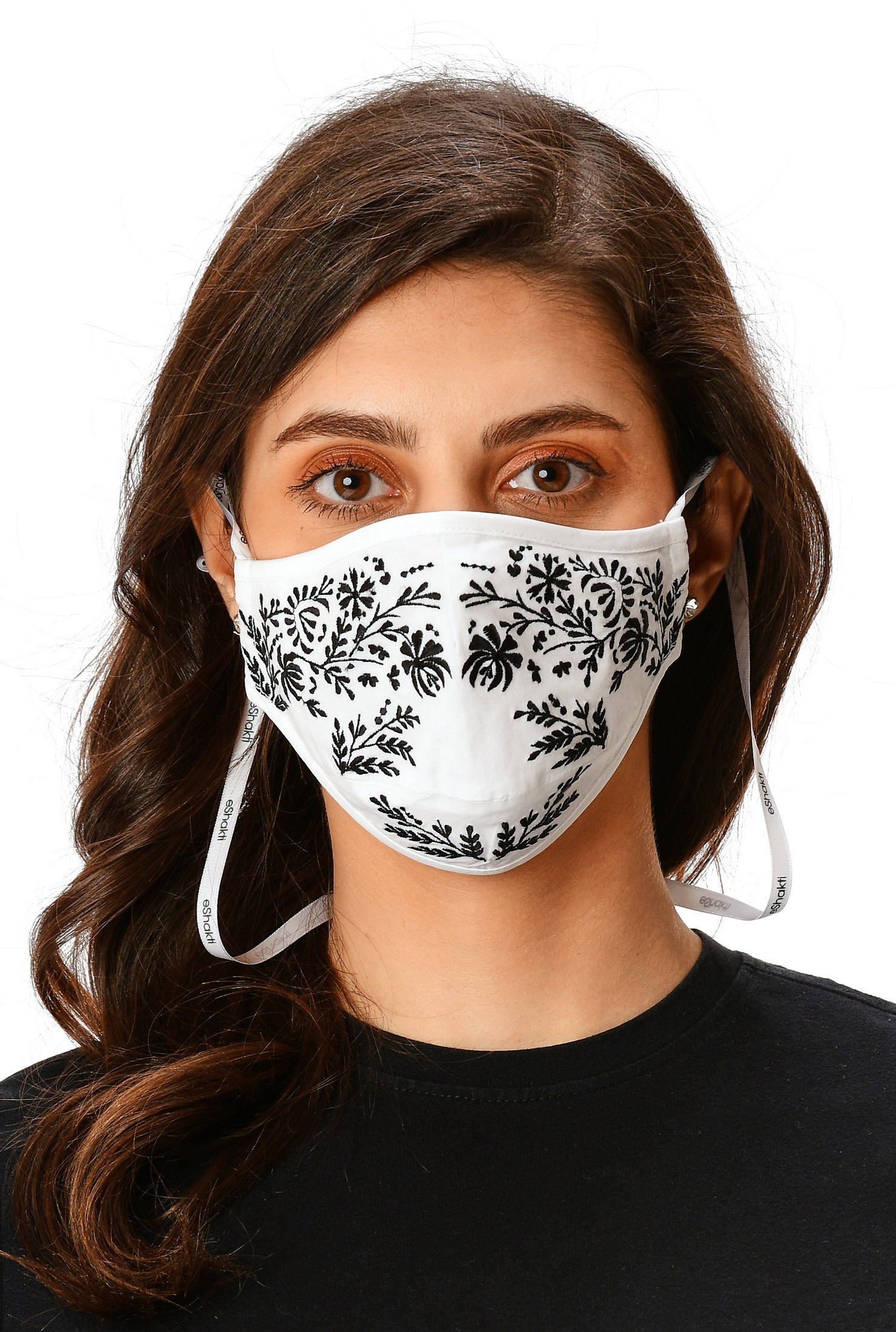 Shop Floral vine embroidery cotton poplin shaped face mask | eShakti