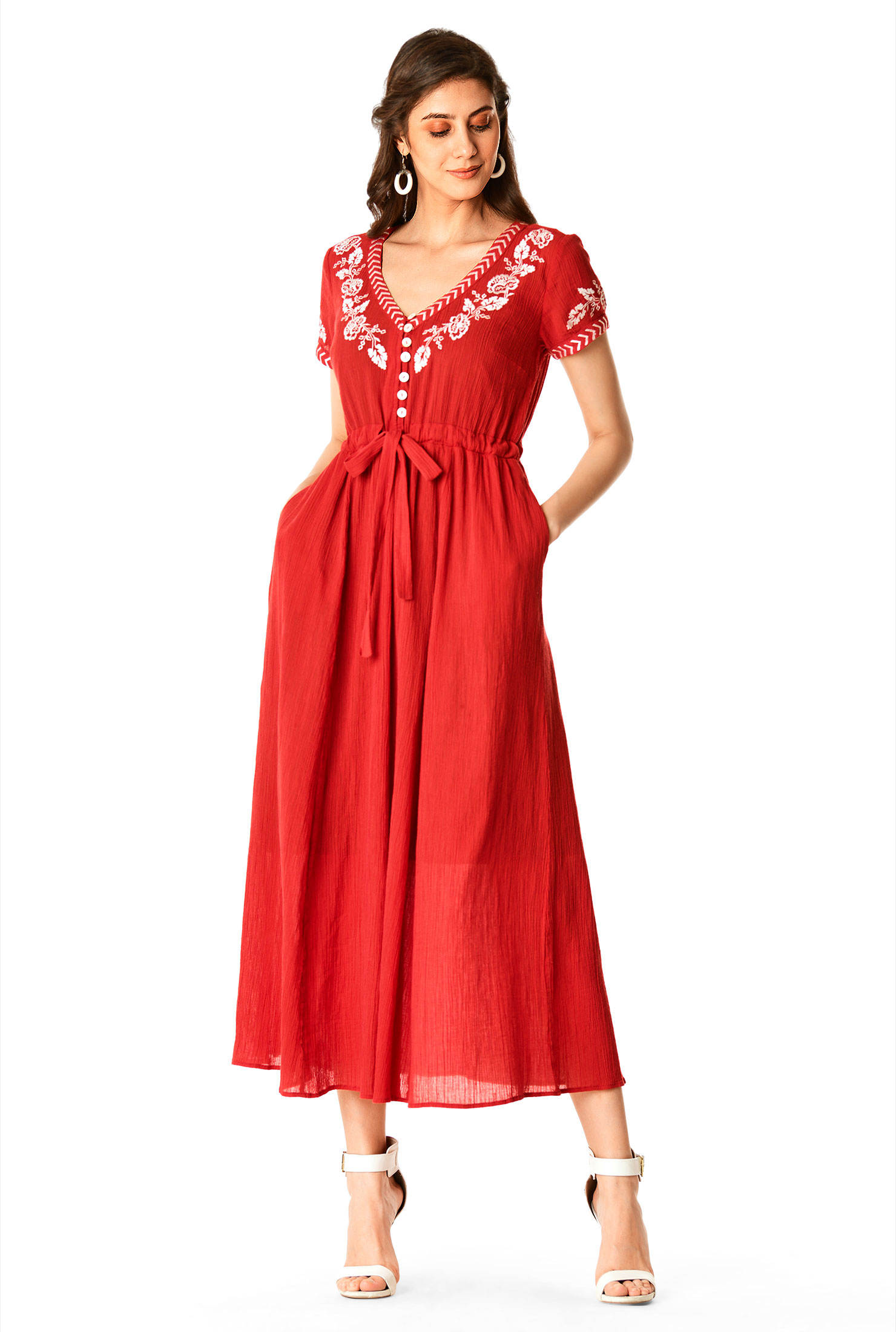 Shop Floral embroidery cotton gauze drawstring dress eShakti