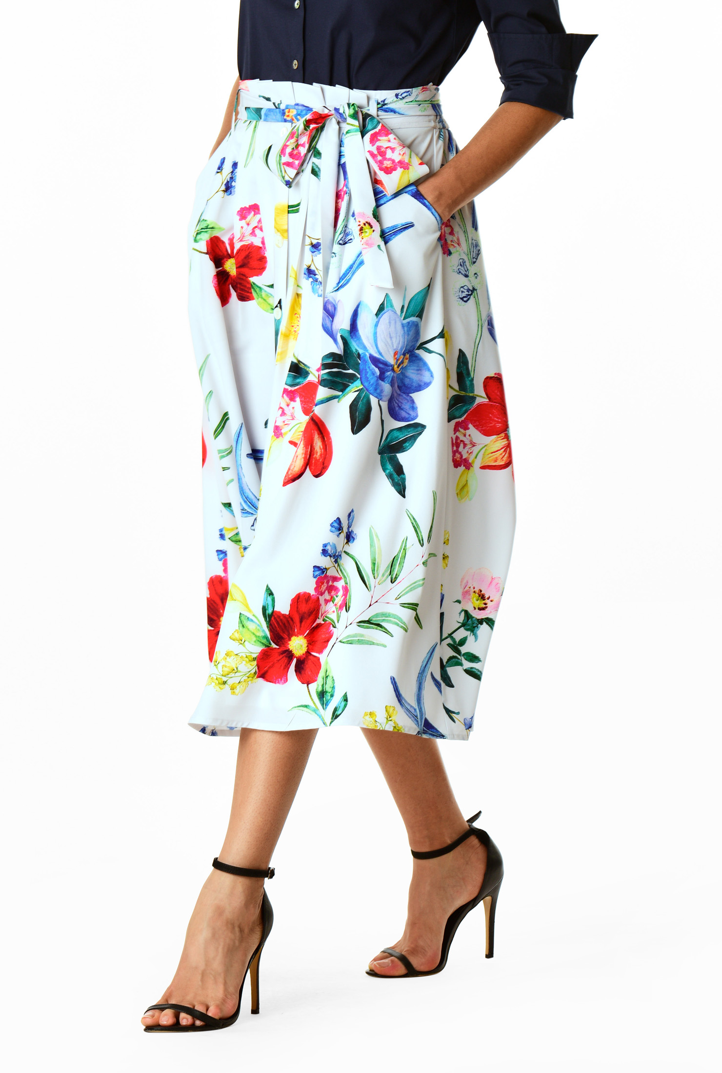 Shop Floral print matte crepe paperbag waist skirt eShakti