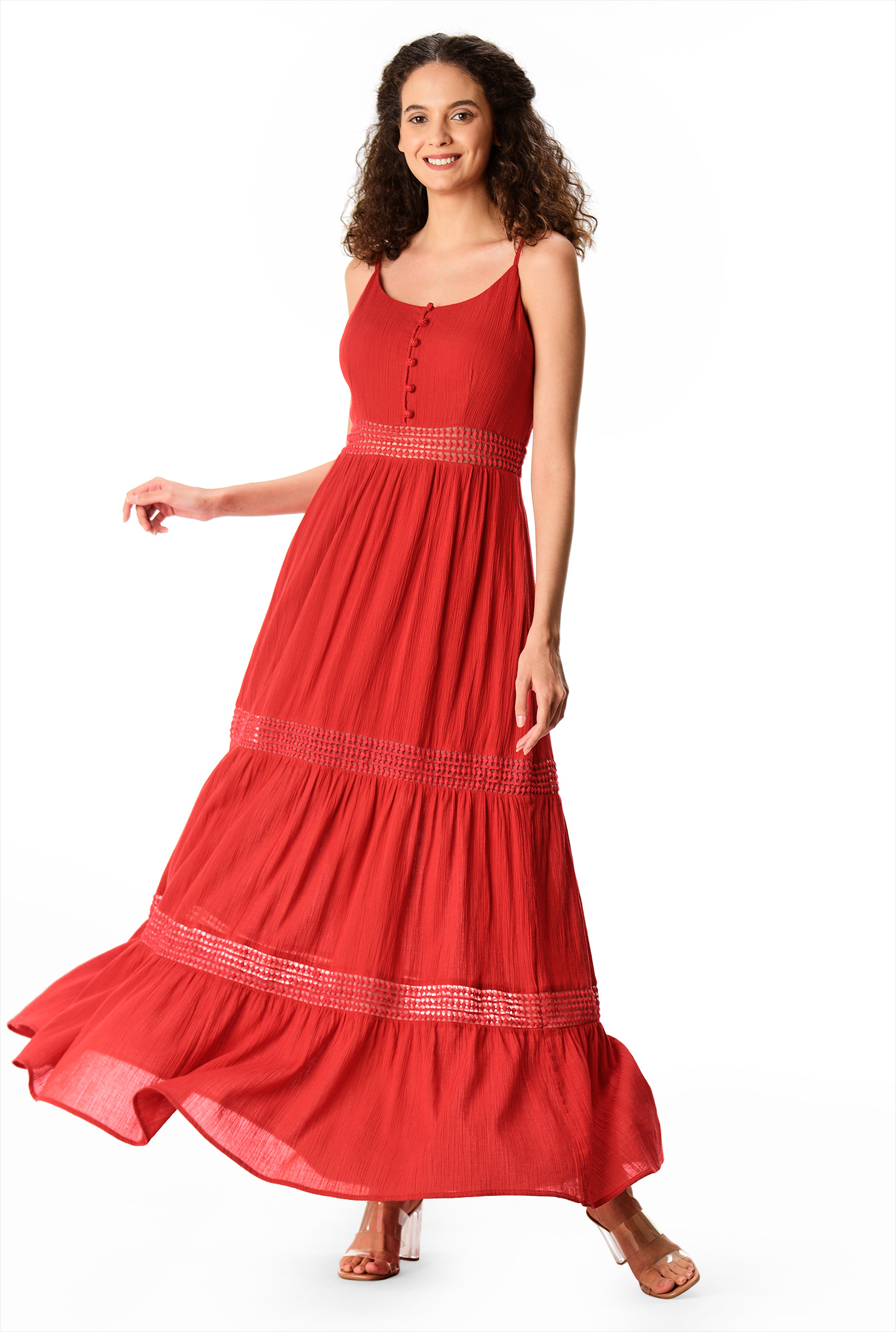 Shop Lace trim cotton gauze tiered sundress eShakti