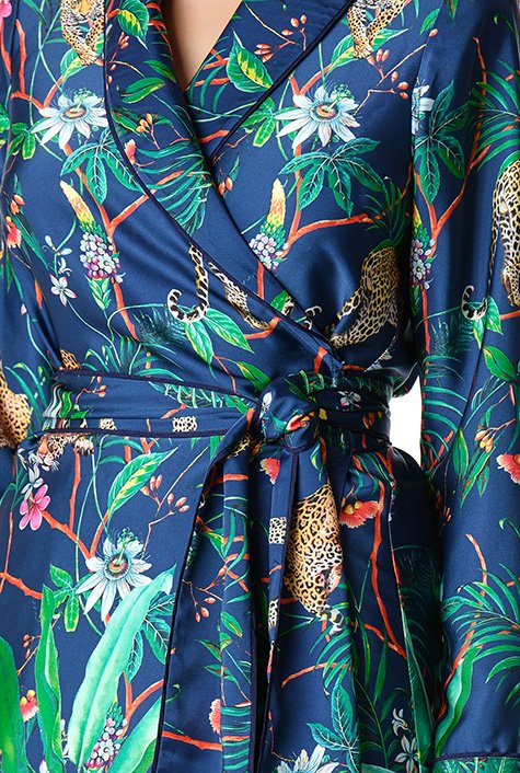 Shop Tropical flora and fauna print satin wrap top and pants set