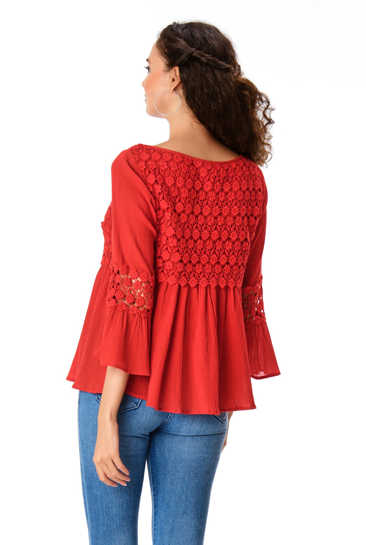Shop Floral lace crinkle cotton gauze peplum blouse | eShakti