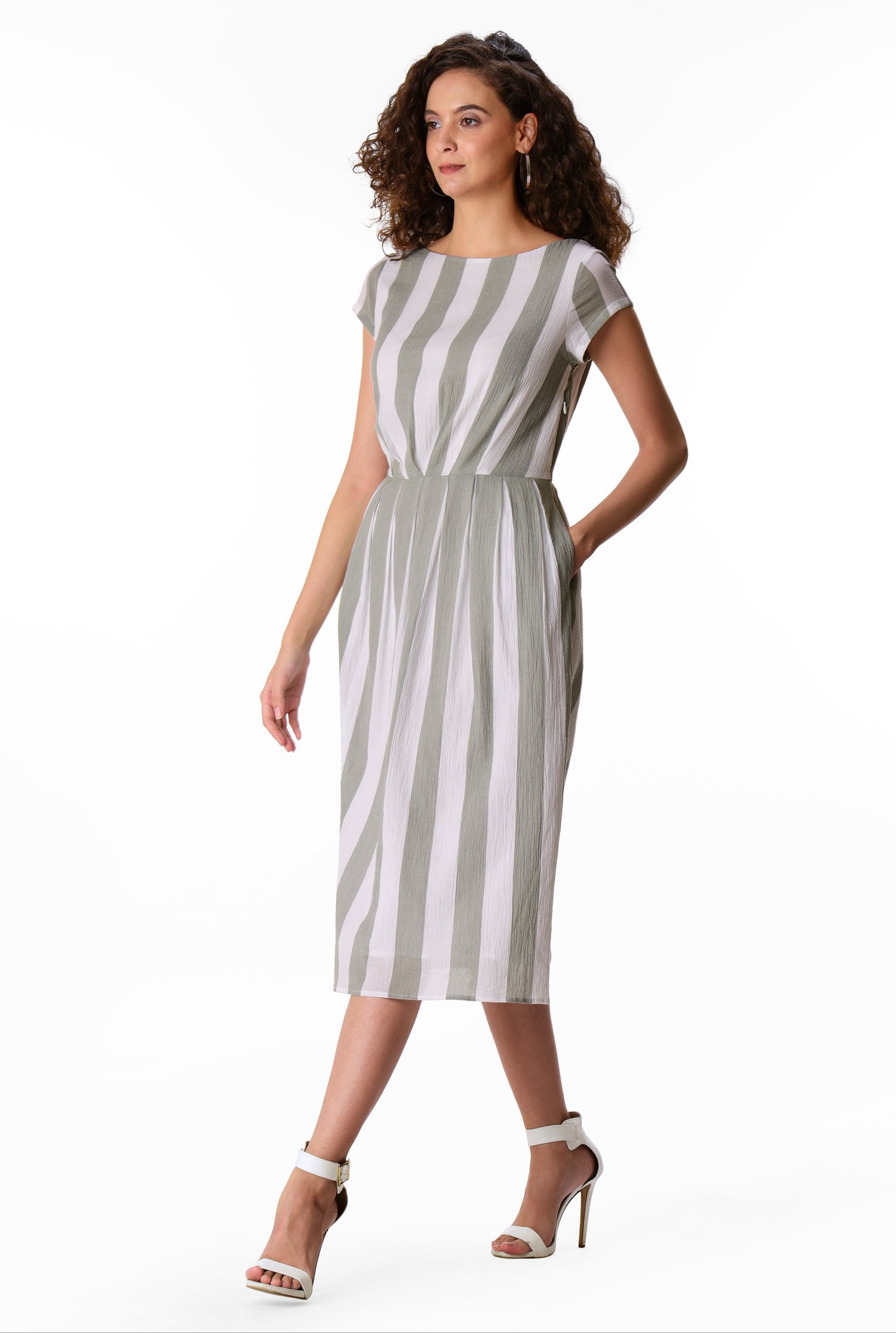 Shop Stripe cotton gauze release pleat dress | eShakti