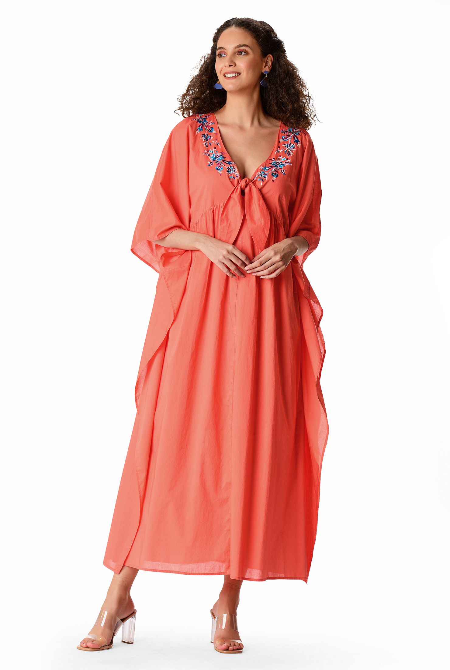 Shop Floral embroidery cotton voile kaftan eShakti