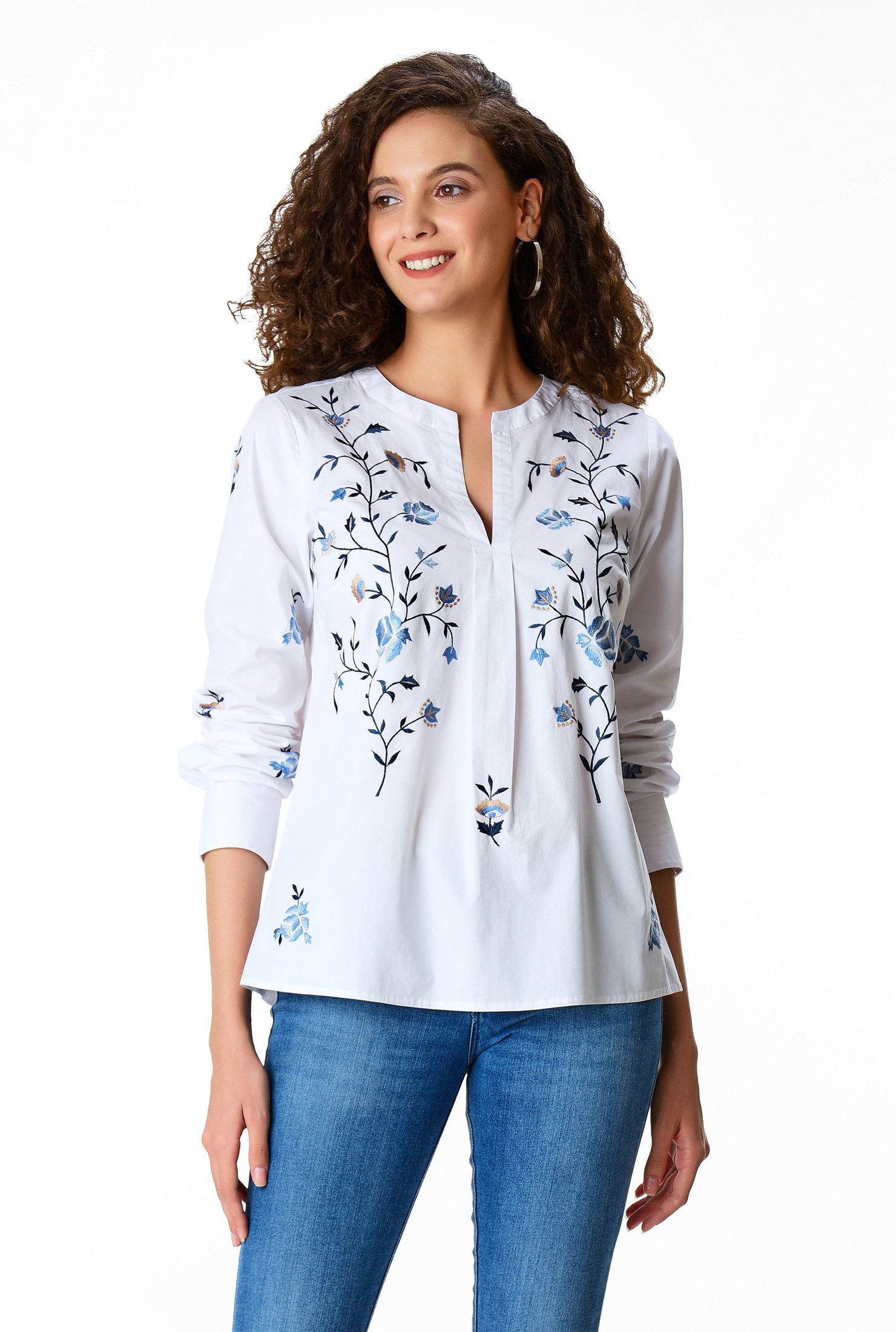 Shop Floral embroidery cotton poplin tunic | eShakti