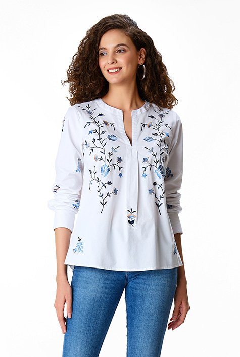 Shop Floral embroidery cotton poplin tunic | eShakti