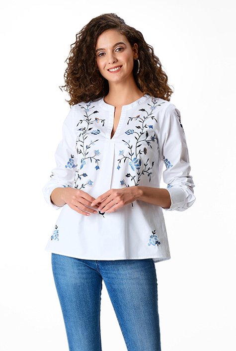 Shop Floral embroidery cotton poplin tunic | eShakti