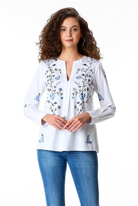 Shop Floral embroidery cotton poplin tunic | eShakti