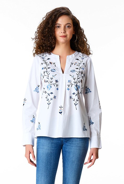 Shop Floral embroidery cotton poplin tunic | eShakti