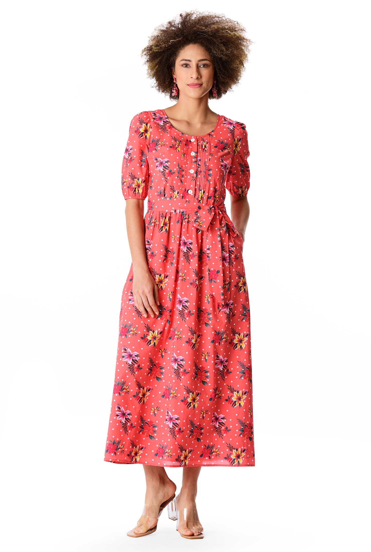 Shop Pleat front floral and dot print cotton dress | eShakti