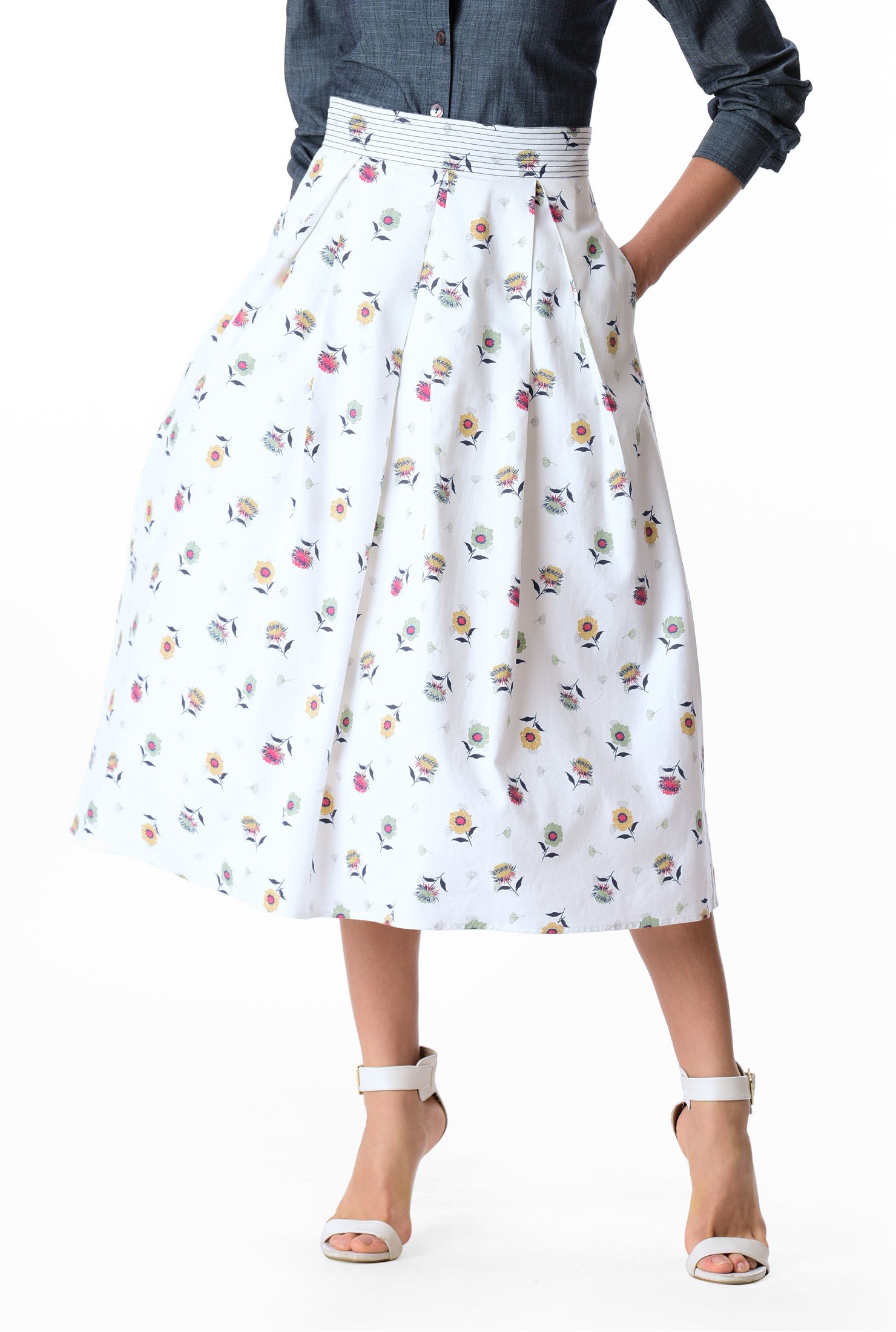 Shop Floral print cotton twill box-pleat skirt | eShakti