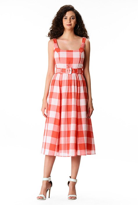 Shop Button Tab Cotton Check Belted Sundress Eshakti