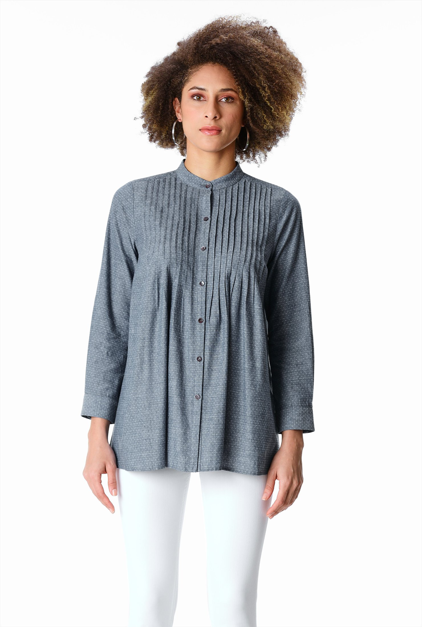 Shop Pintuck pleat dot cotton chambray shirt | eShakti