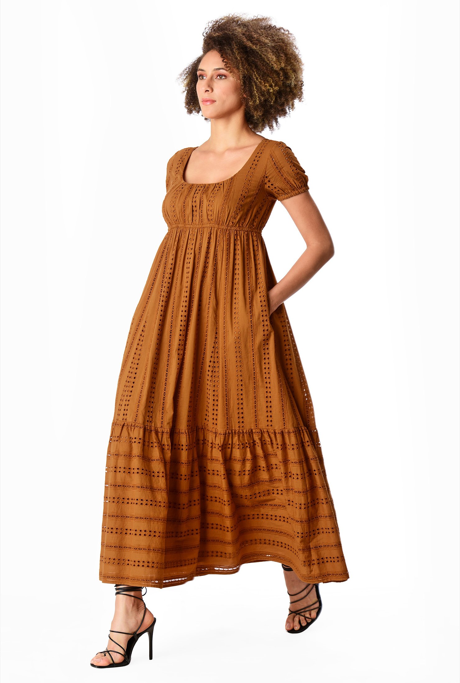 Shop Linear eyelet cotton empire maxi dress | eShakti