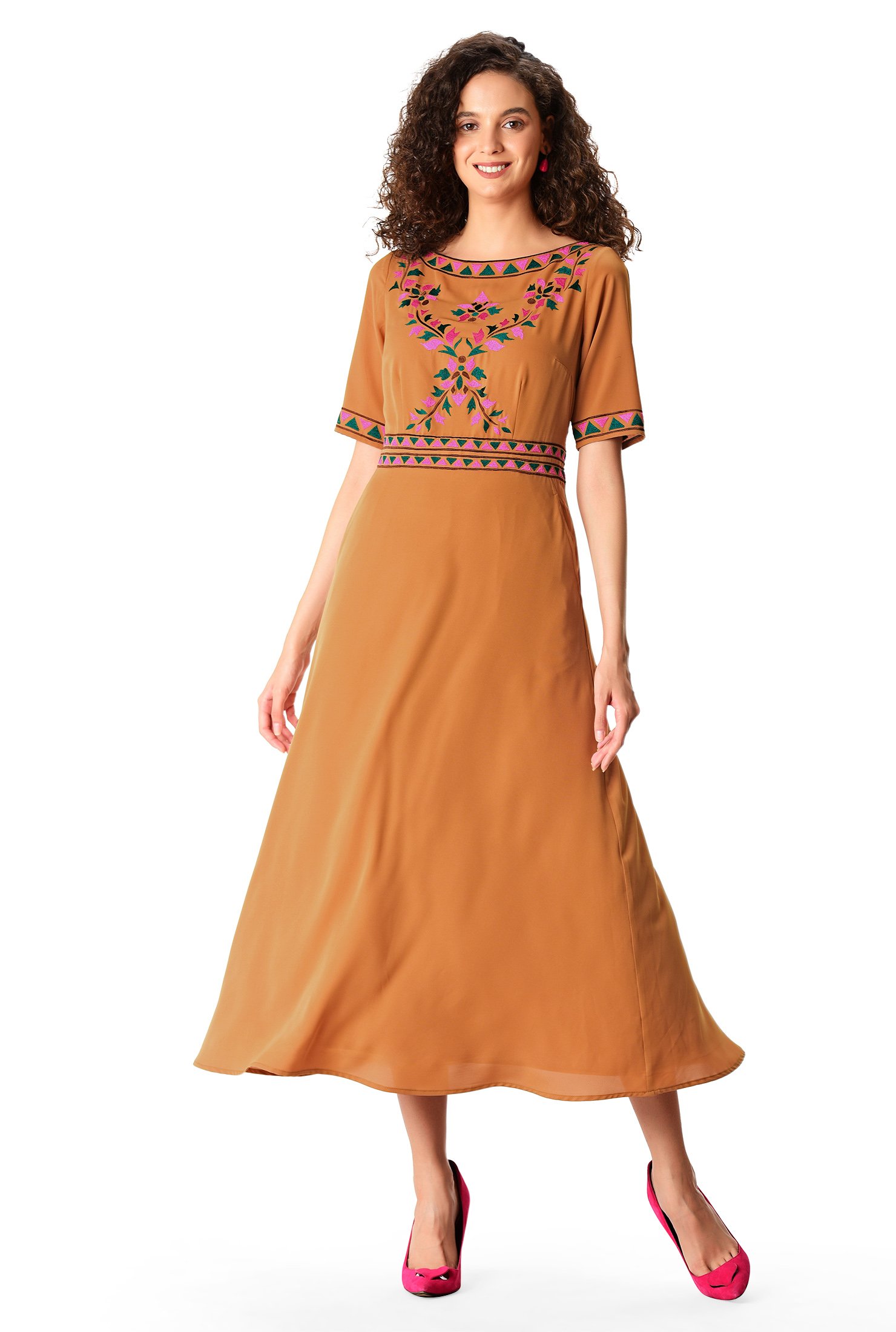 Shop Floral graphic embroidery twill crepe dress | eShakti