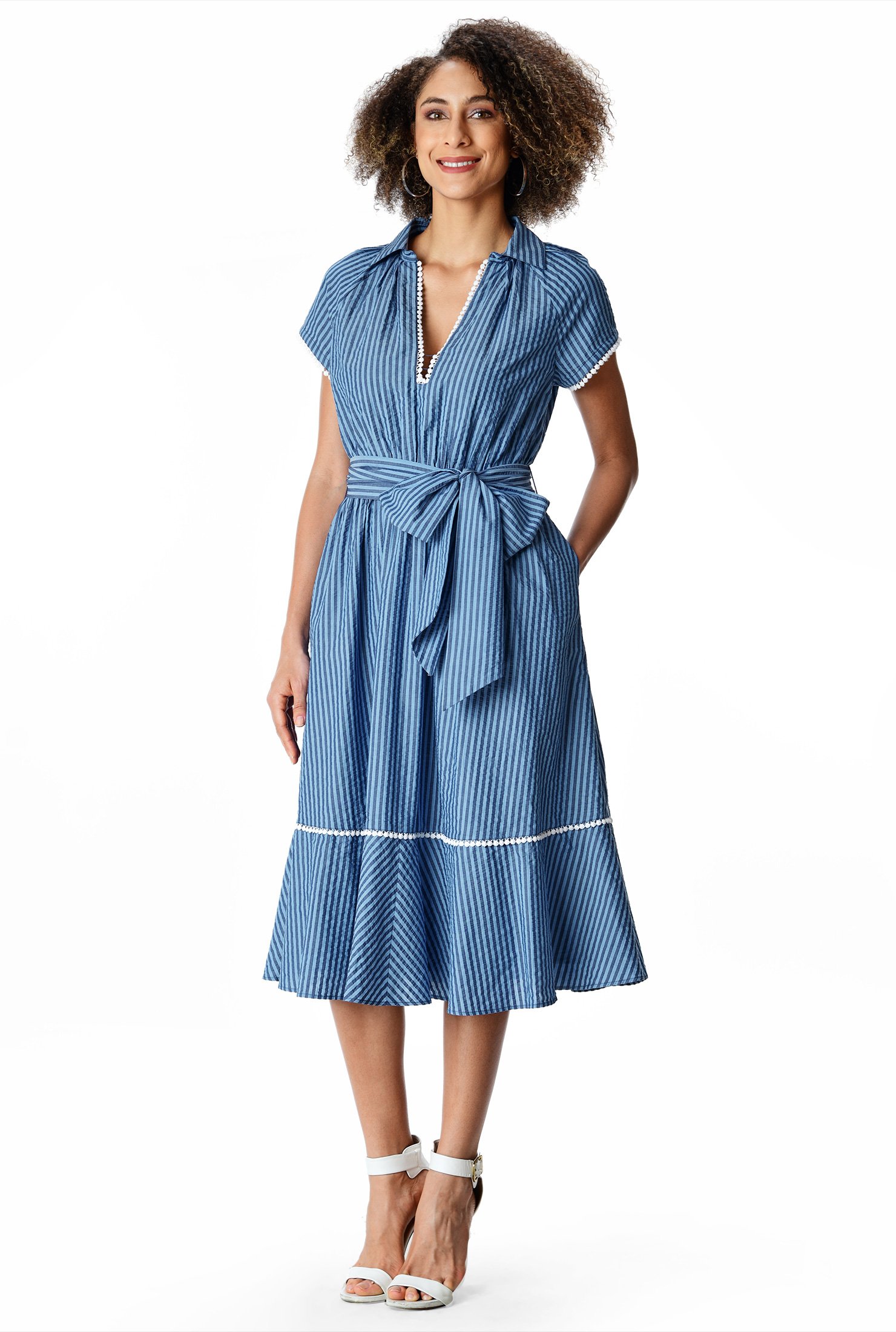 Shop Lace Trim Seersucker Stripe Cotton Ruffle Flounce Dress Eshakti