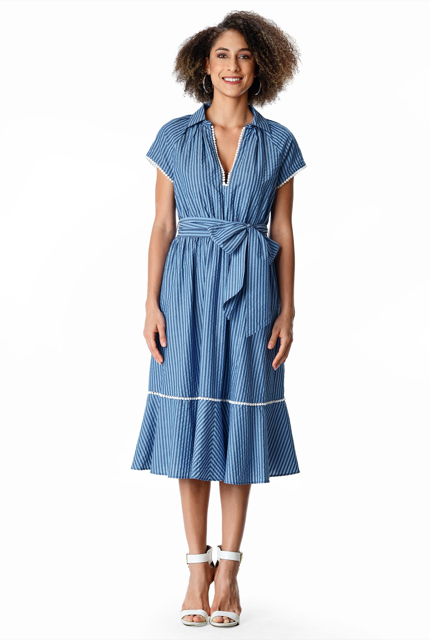 Shop Lace trim seersucker stripe cotton ruffle flounce dress | eShakti