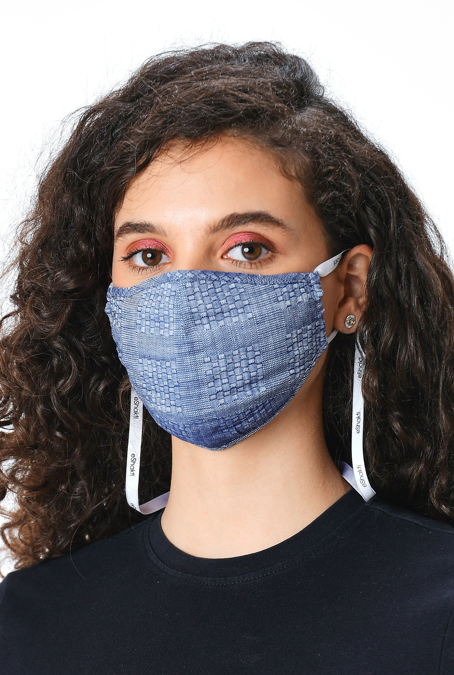 Shop Chambray cotton check shaped face mask eShakti