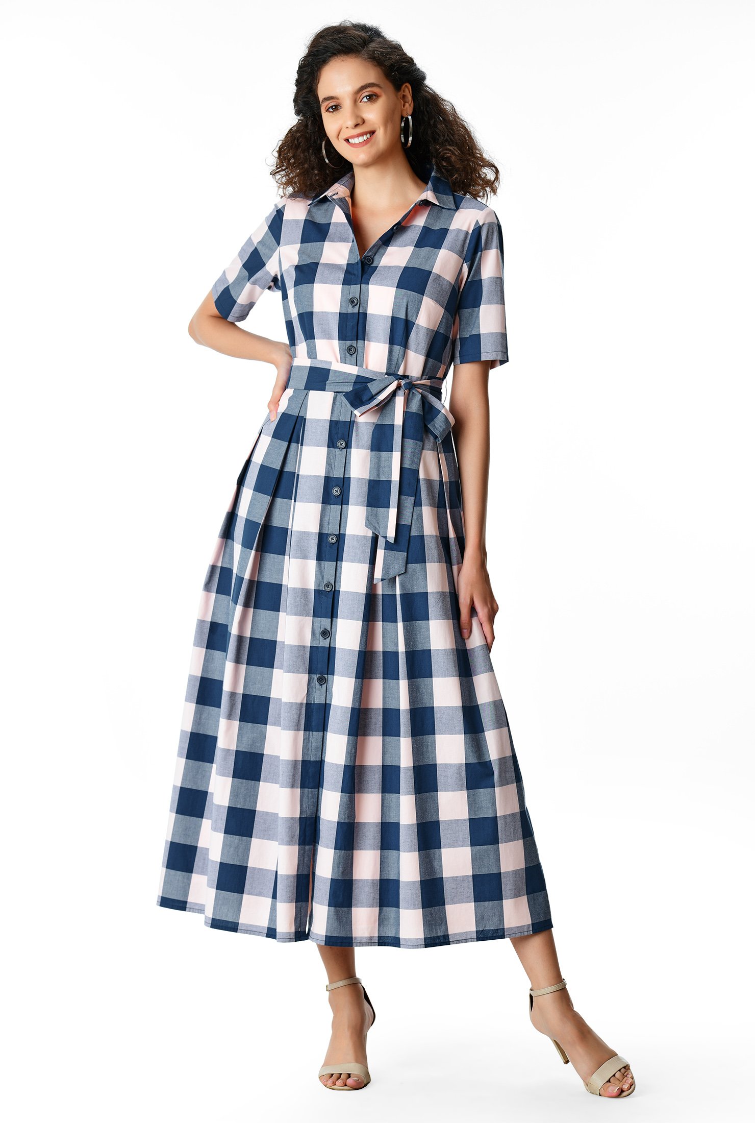 Shop Cotton check sash-tie maxi dress | eShakti