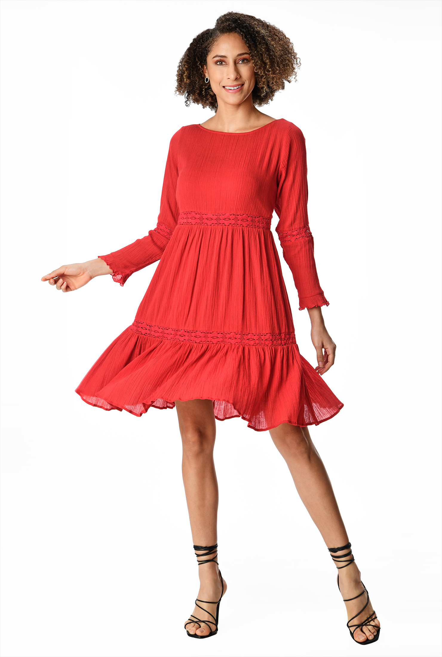 Shop Floral lace trim crinkle cotton gauze tiered shift dress eShakti