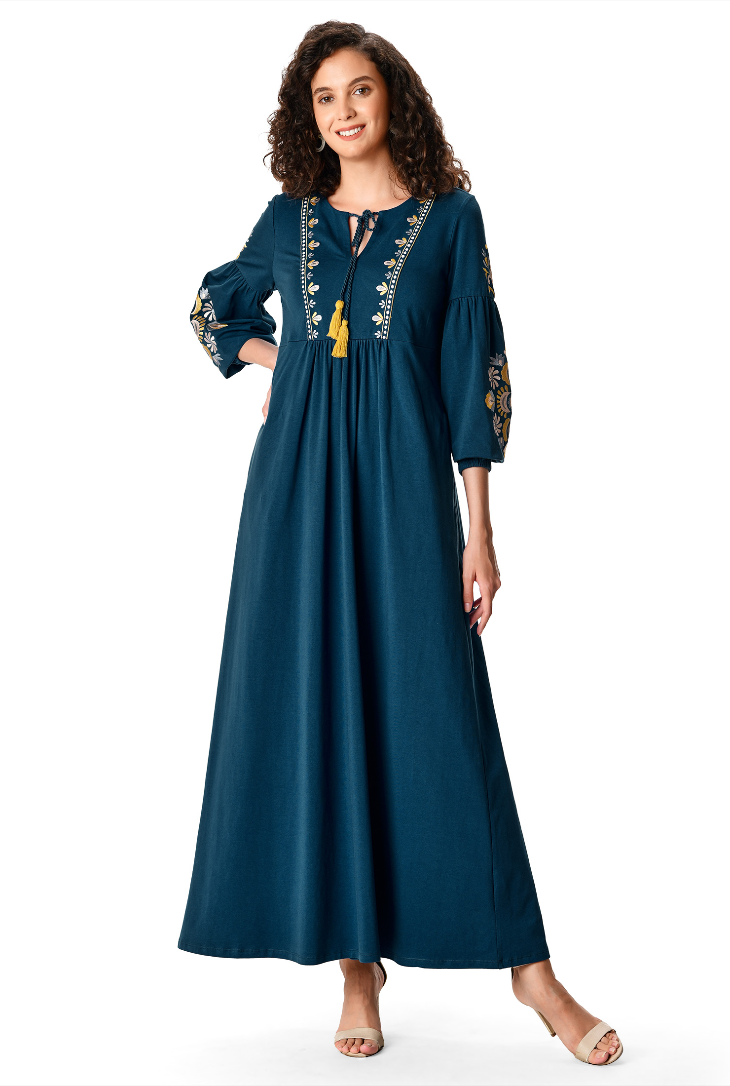 Shop Embroidered bib cotton knit empire maxi dress eShakti