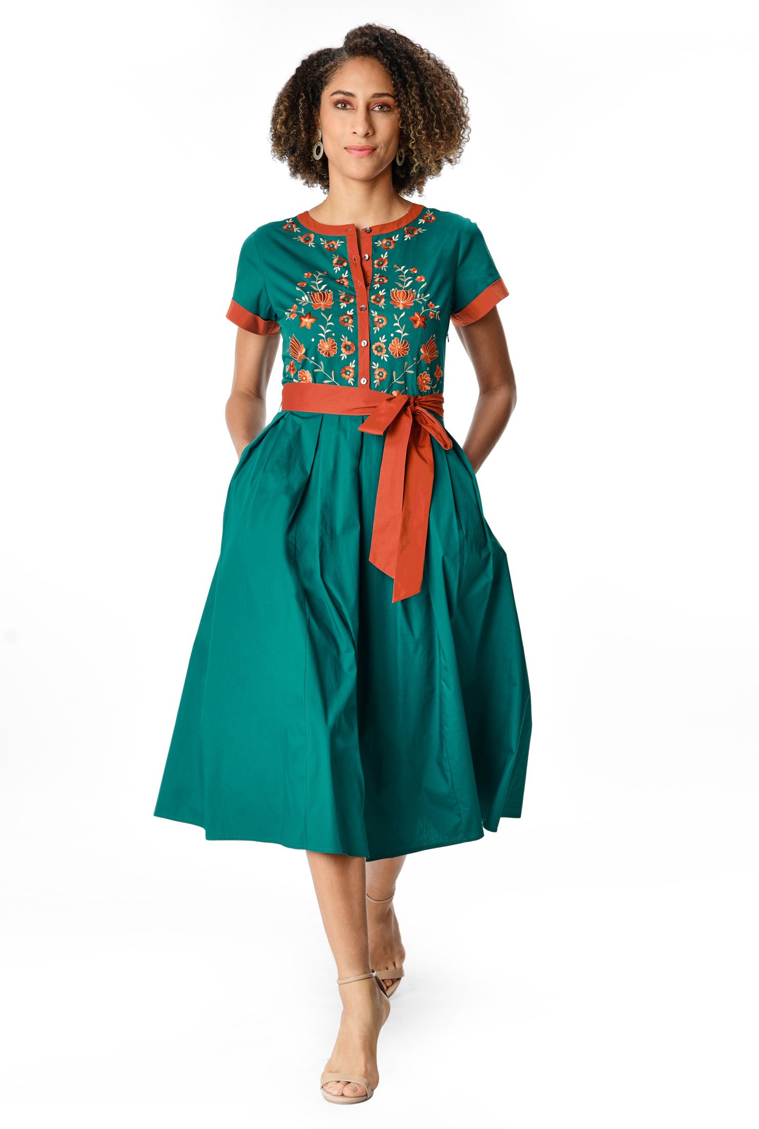 Shop Contrast trim floral embroidery cotton poplin shirtdress | eShakti