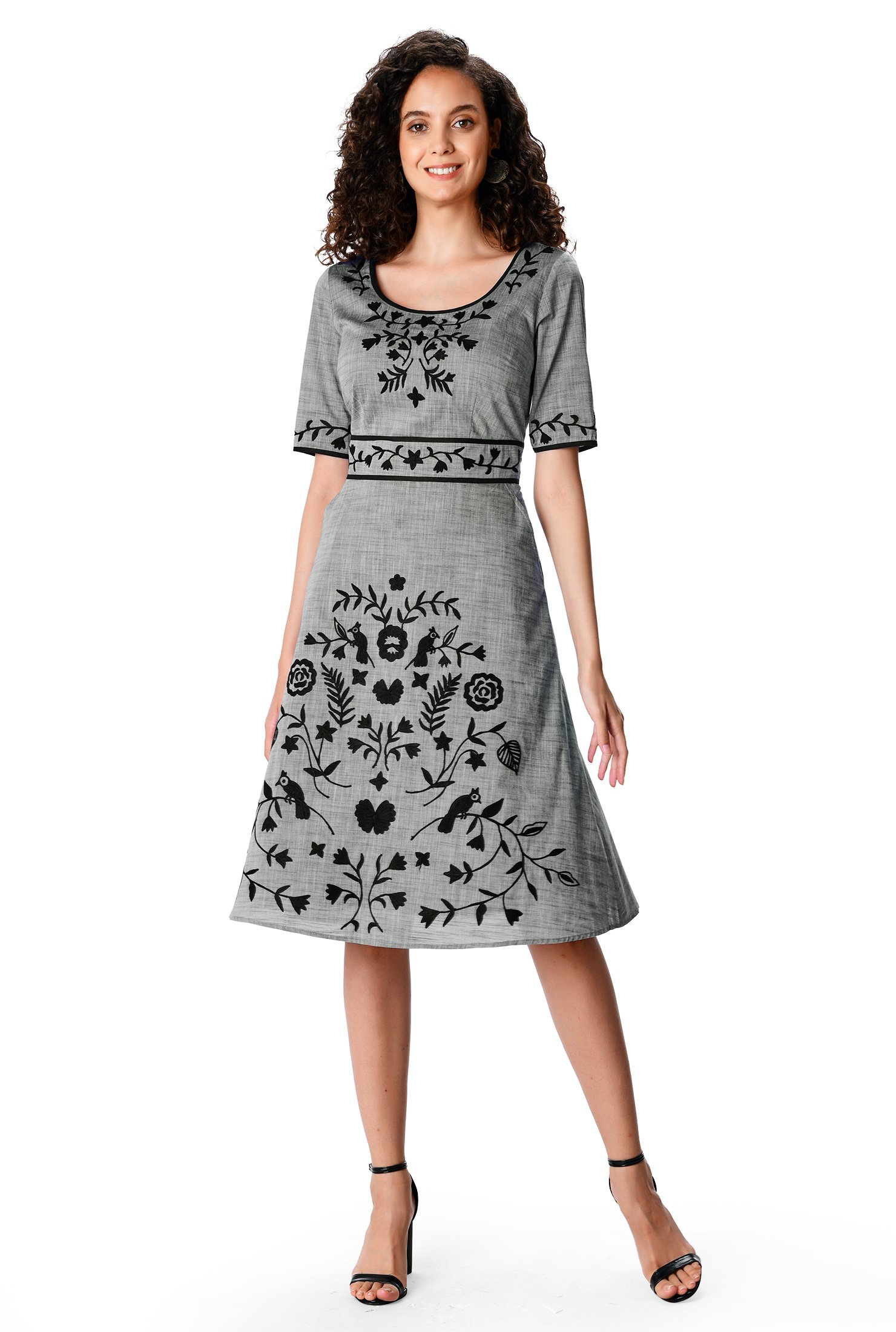 Shop Floral wool embroidery cotton chambray dress | eShakti