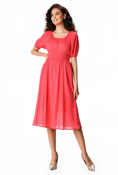 Shop Ruched Crinkle Cotton Lurex Stripe Empire Dress Eshakti