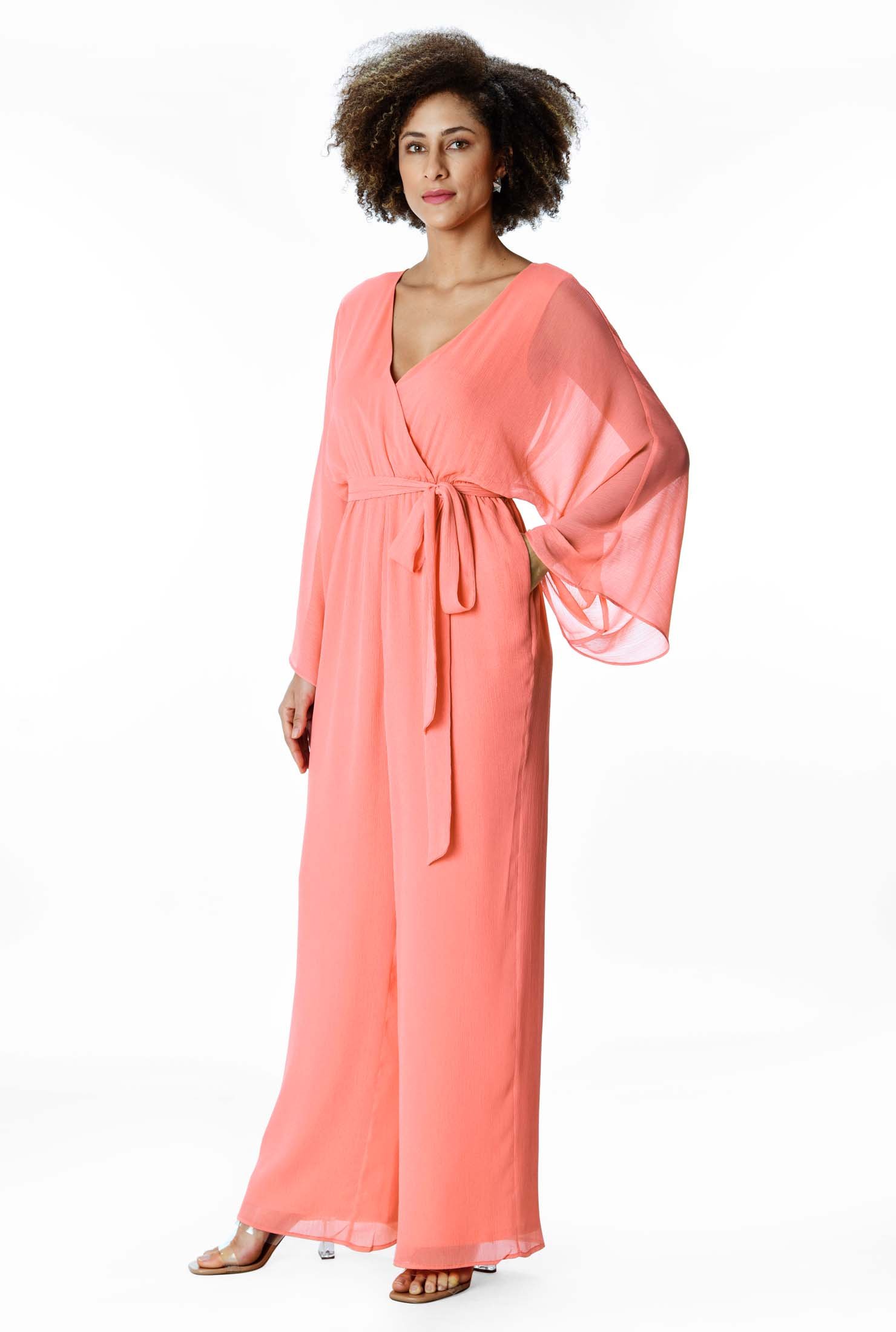A winning option for formal wear, our chiffon jumpsuit features blousy dolman sleeves and a plunging surplice neckline leading down to a ruched waist and wide legs for a flowing look.