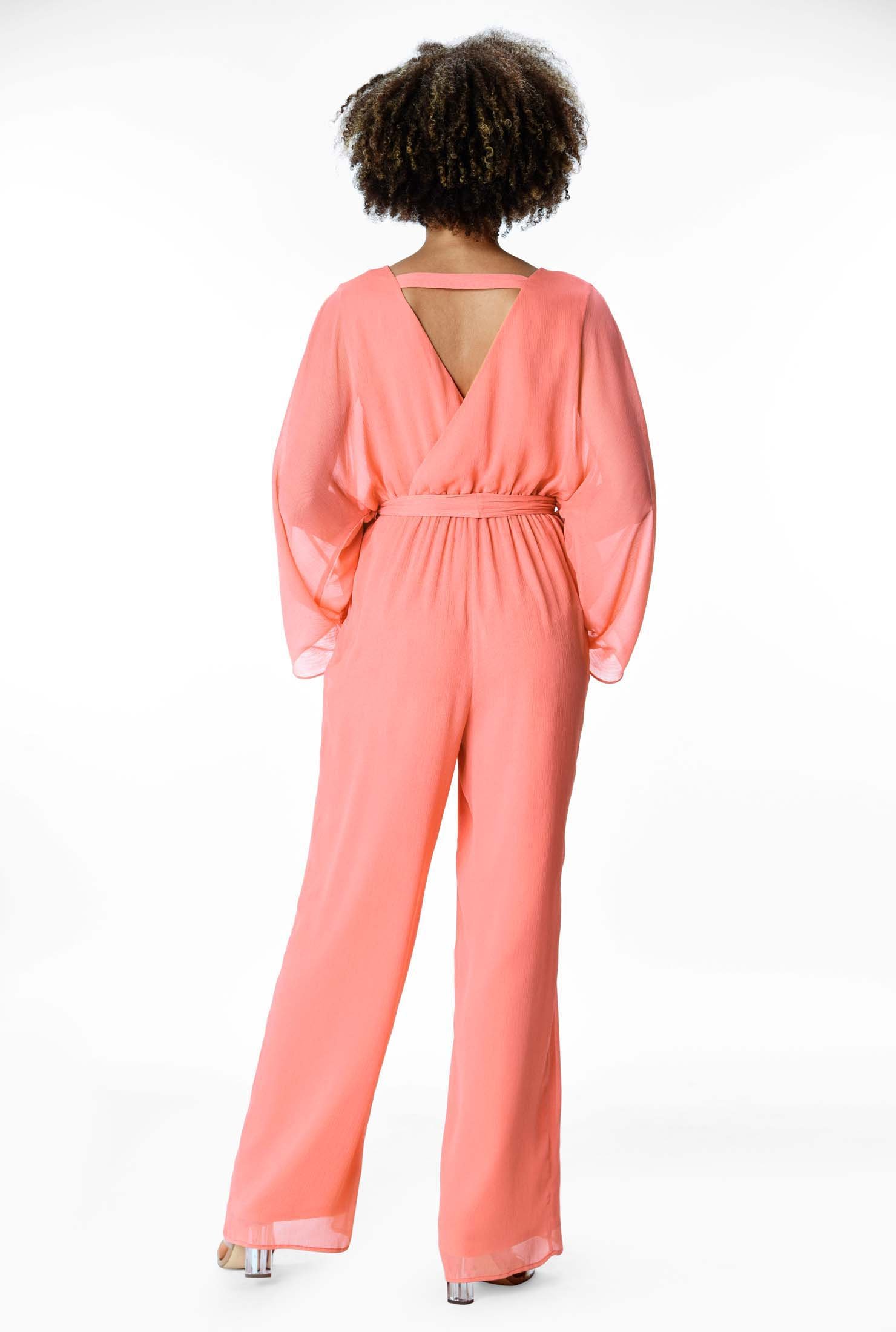 A winning option for formal wear, our chiffon jumpsuit features blousy dolman sleeves and a plunging surplice neckline leading down to a ruched waist and wide legs for a flowing look.