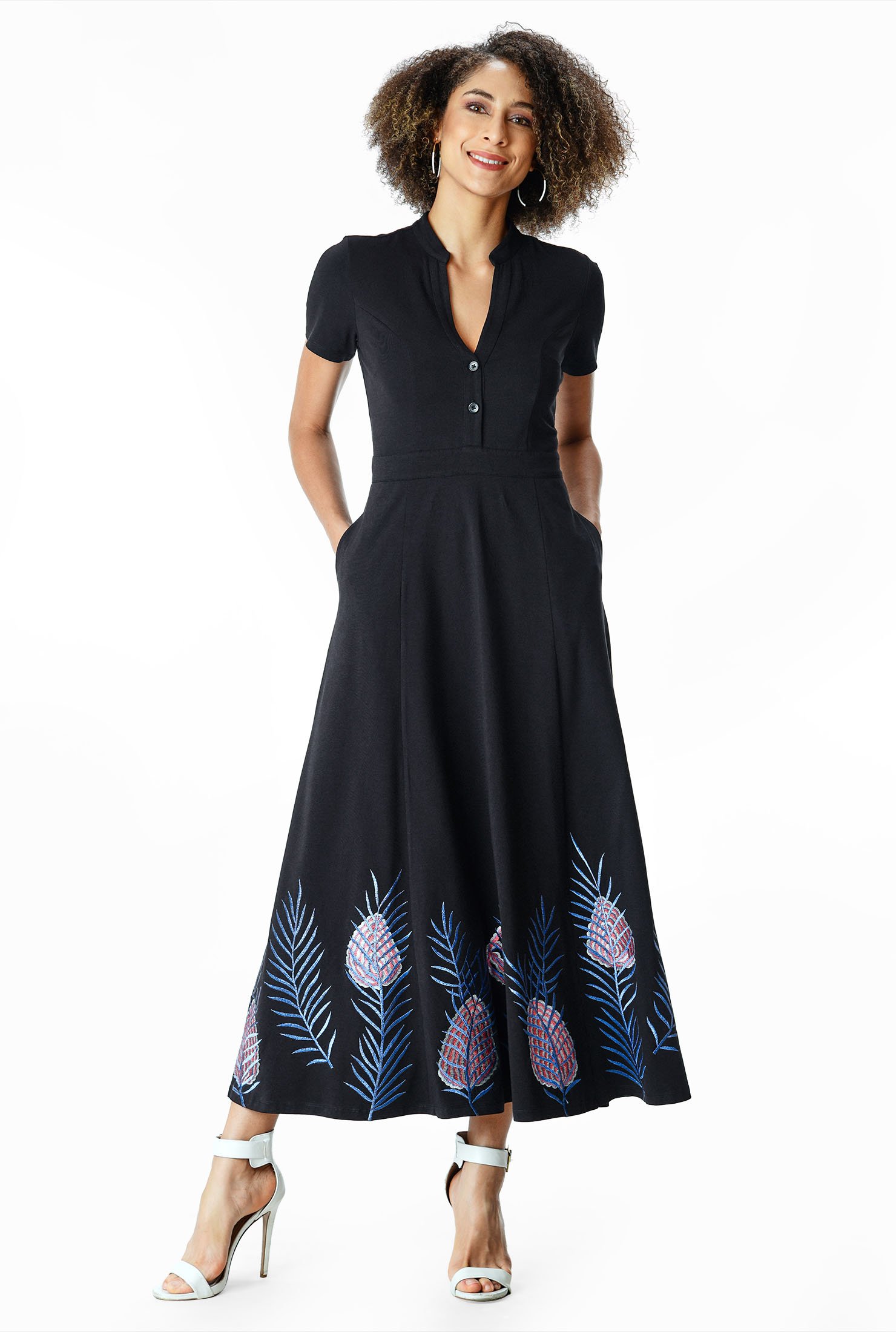 Shop Leaf embroidery cotton knit maxi dress eShakti